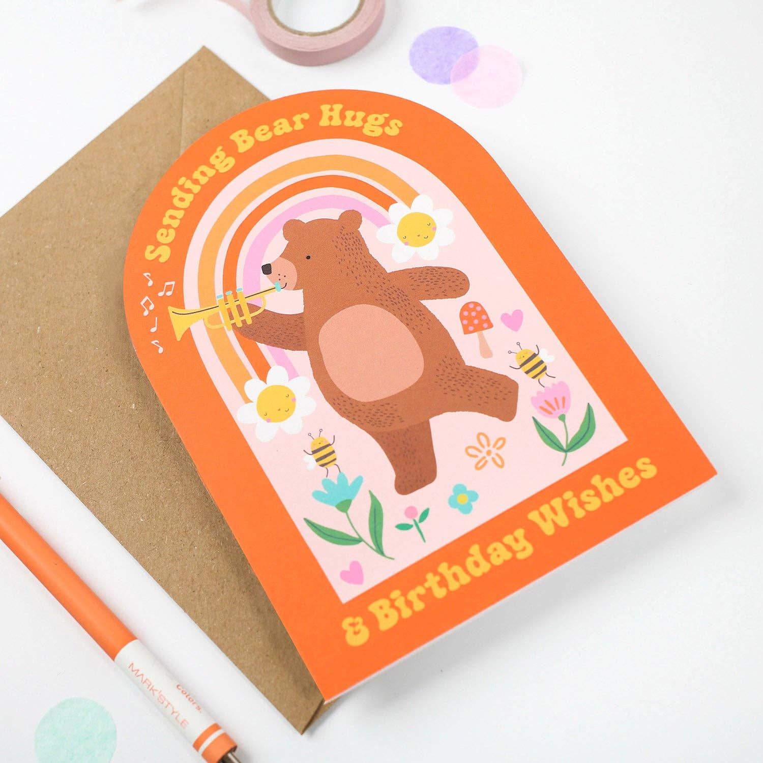 Mifkins – wholesale Birthday card – Whimsical Bear Hugs Birthday Card with Rainbow and Flowers2