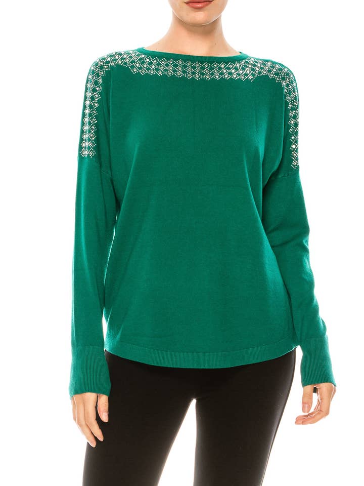 Aaeda Long Sleeve Rhinestone Sweater Top (Additional Colors) for wholesale by New Yorker's Apparel