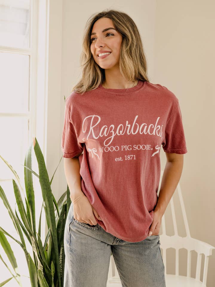 Arkansas Razorbacks Est. Bows Cardinal Comfort Colors Tee for wholesale by LivyLu
