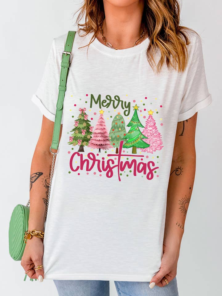 White Merry Christmas Trees Graphic Holiday Crewneck T Shirt for wholesale on Faire4