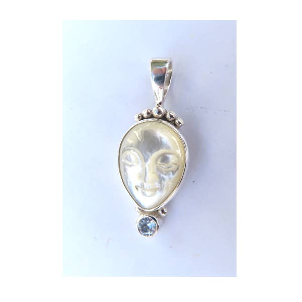 Mother of Pearl Moon face Pendant with Blue Topaz Accent for wholesale by Anna King Designs