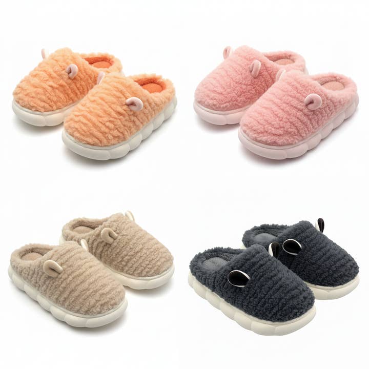 Children’s Fuzzy Animal-Ear Slippers – 4 Color Assortment Pack (12 Pairs, US Kids’ 12 to Youth 4) for wholesale by FLUFFERY