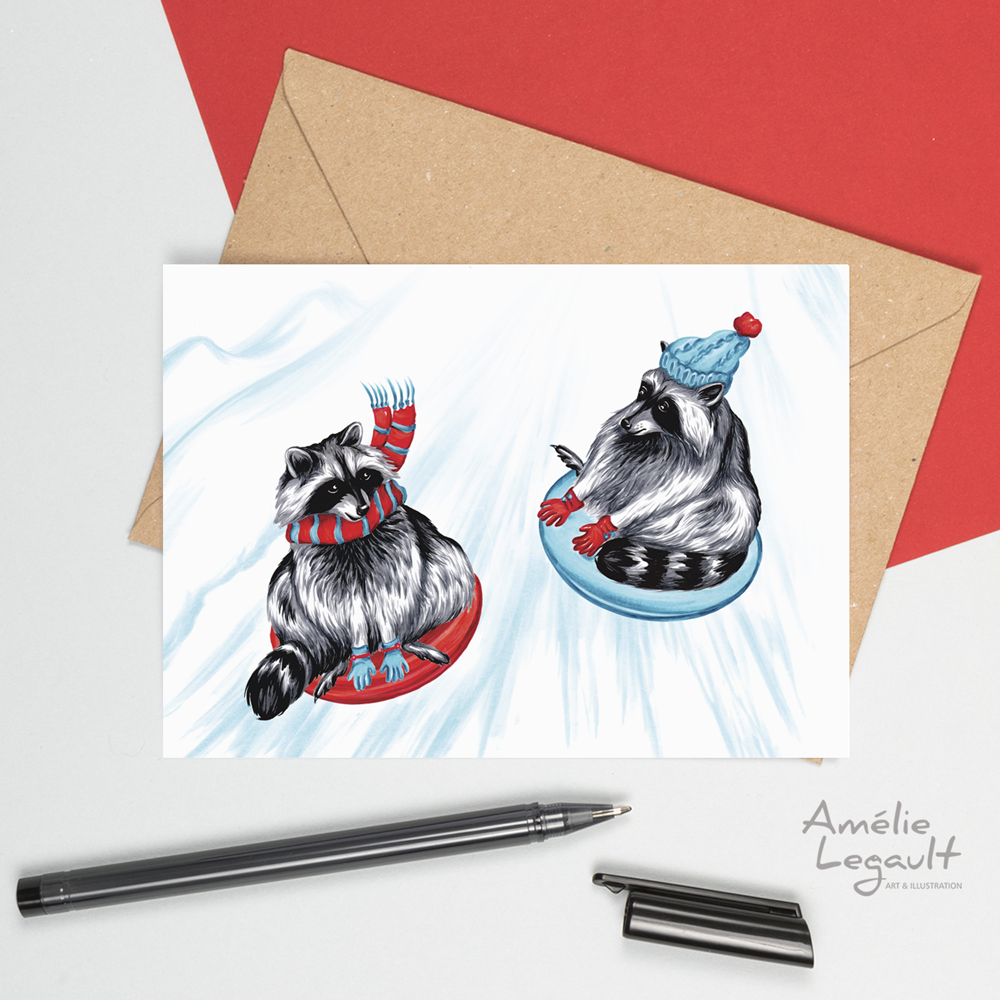 Sardines Studio - Wholesale Christmas Card - Raccoons sliding Greeting Card1