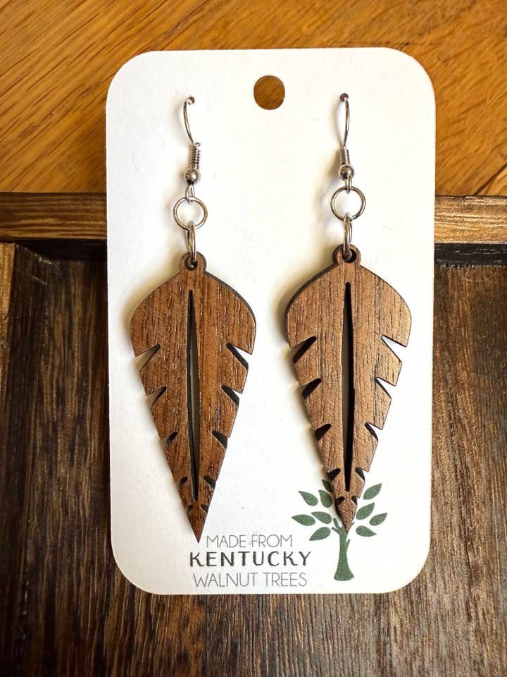 Feather Bohemian Hippie Walnut Wood Statement Earrings. for wholesale by TWWKY