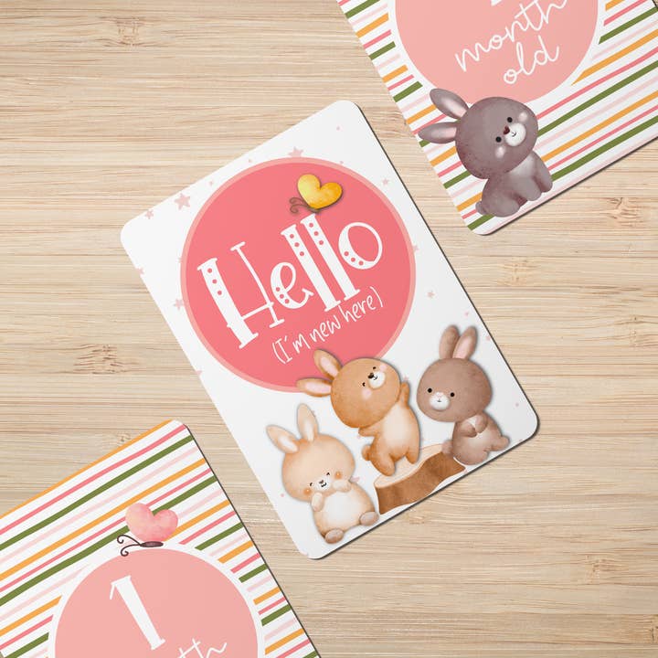 Spring Bunny Flowers Baby Milestone Cards - Set of 25 for wholesale by Twinkle and Giraffe Designs