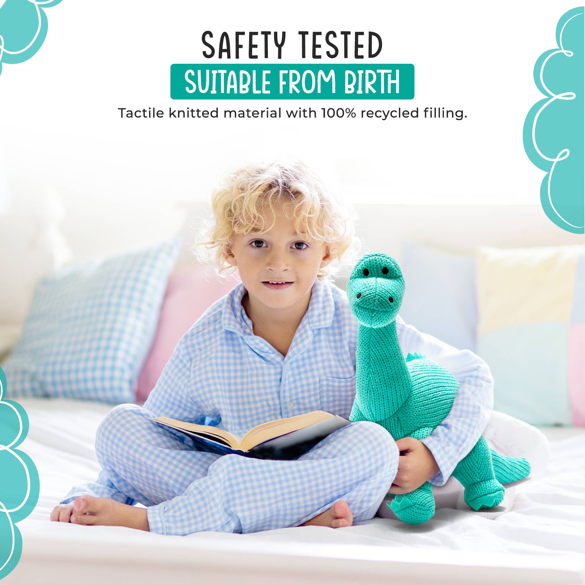 Best Years Ltd – wholesale Fyllda/plyschleksaker - Barn och baby – Stickad Diplodocus Mjukisdinosaurie - Isblå3