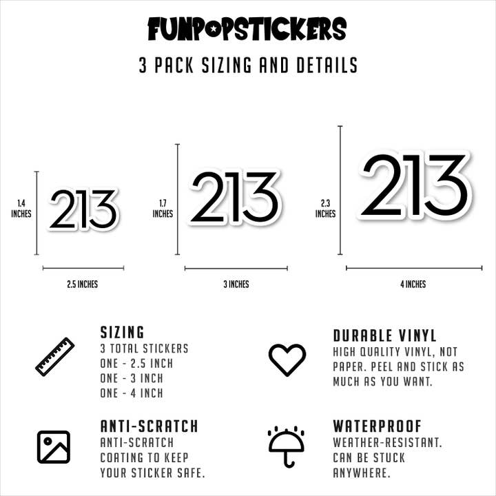 FunPopStickers - Wholesale Sticker - Los Angeles California 213 Area Code Area Code Home 3 Pack - Set of 2.5, 3 and 4 Inch Vinyl Laptop Stickers - Area Code Home for Laptop, Phone, Water Bottle, Car & More Decal (3 Pack)