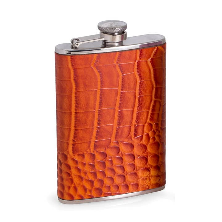8 oz. Stainless Steel Orange "Croco" Leather Flask for wholesale by BeyBerk International