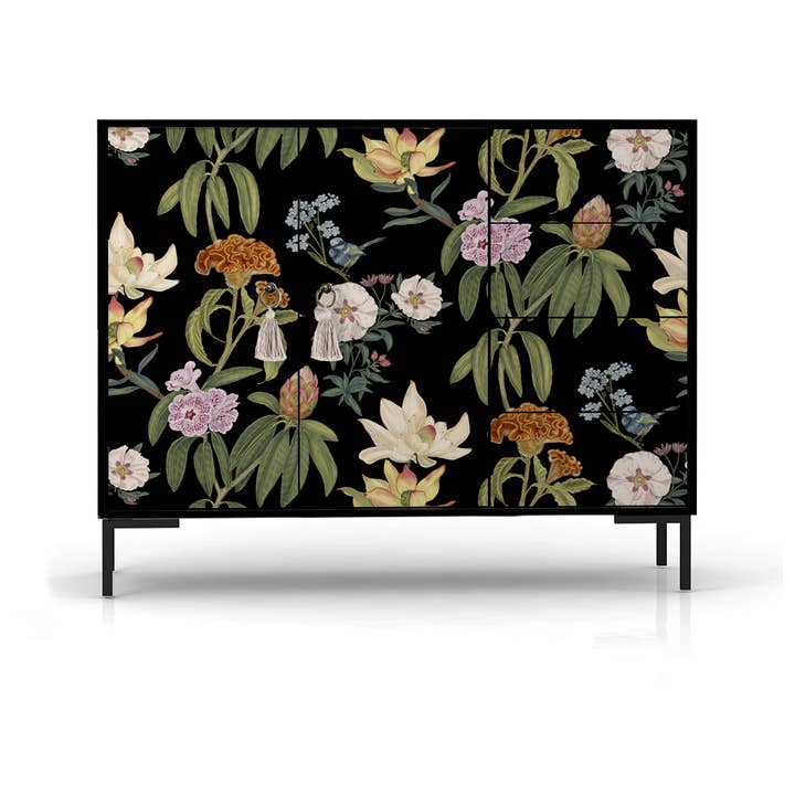 Credenza bassa 2 ante 4 cassetti MDF stampato floreale nero per la vendita all'ingrosso da parte di Really Nice Things