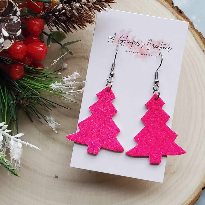 Wholesale Hot Pink Christmas Tree Leather Earrings for your store