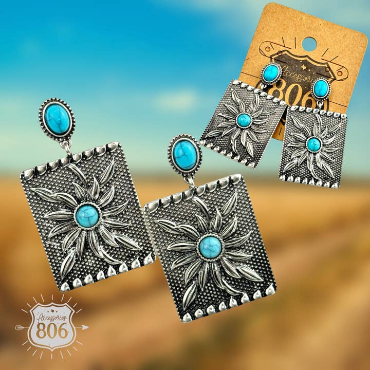 Silver Western sunflower rectangle earring for wholesale on Faire