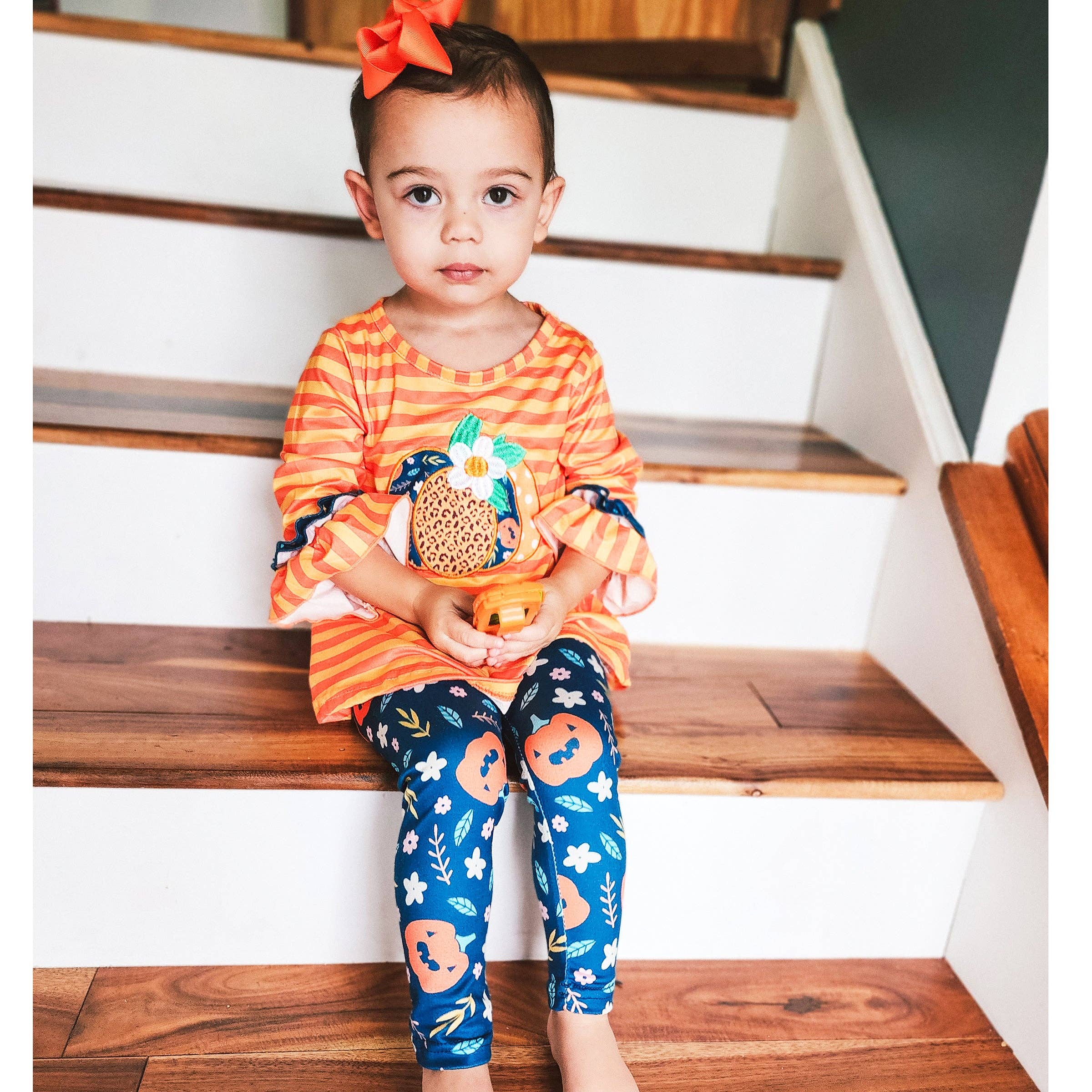 AnnLoren - Wholesale Top & Leggings Set - Kids - Girls Orange Fall Pumpkin 2pc Outfit Thanksgiving Clothes2