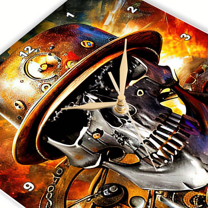3dRose - Wholesale Wall Clock - 3dRose, Fantasy skull in metal helmet. Mechanical gear. machine composition, Wall Clock2