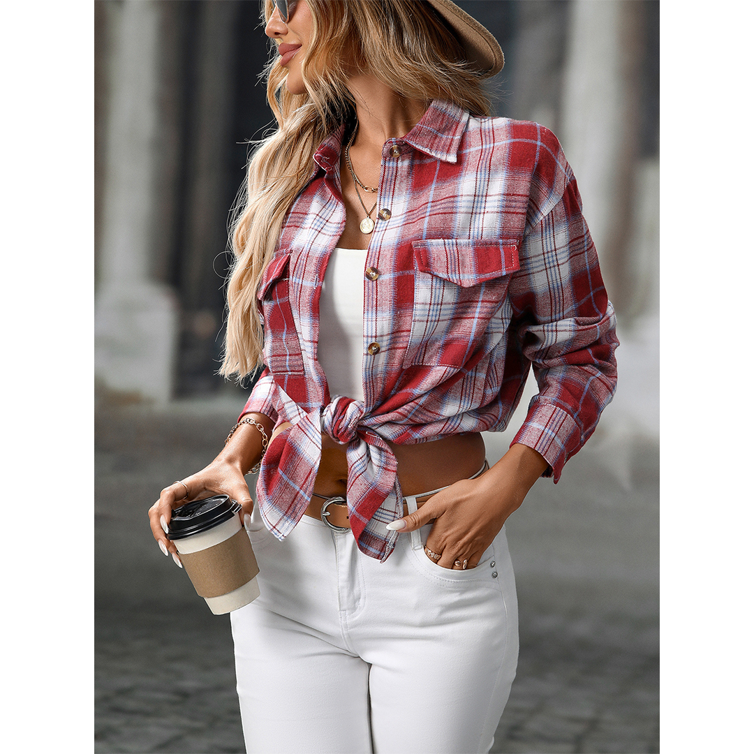 UNISHE - Wholesale Shirt - Women's - Casual Loose Fit Plaid Pockets Button-Down Shirt MD2131