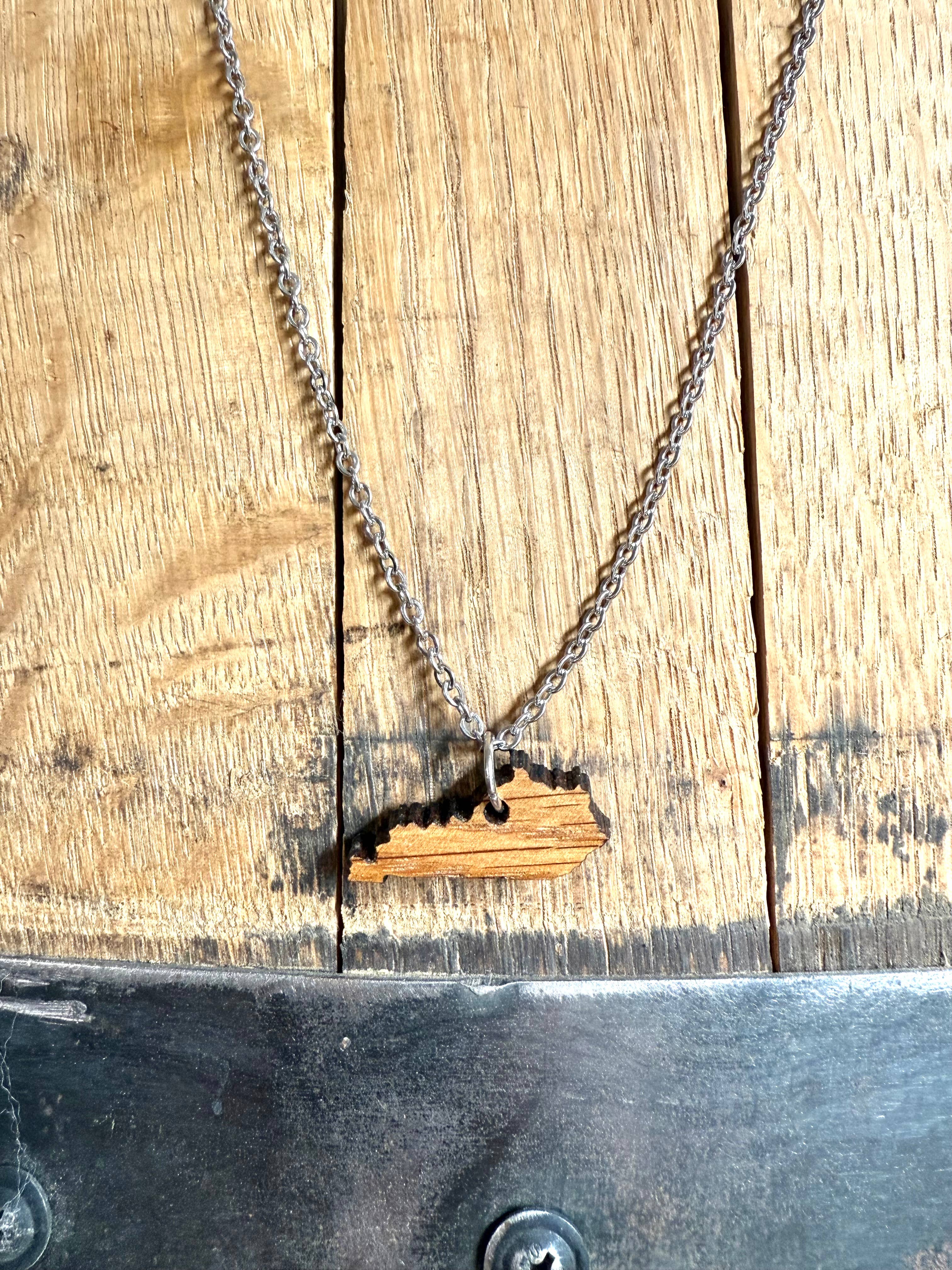 Brown Wood Kentucky Necklace made from Kentucky Bourbon Barrels. for wholesale on Faire7