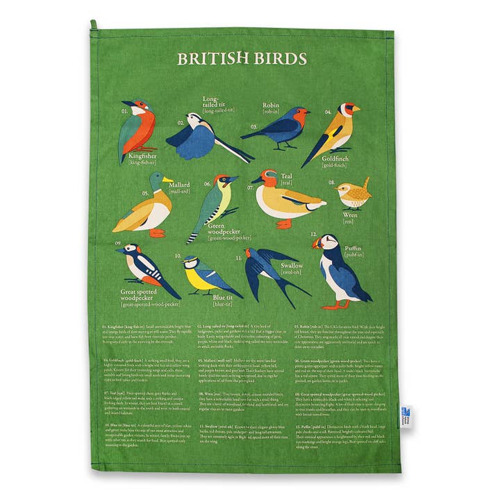 Recycled Cotton Tea Towel Garden Birds for wholesale by Half Moon Bay By Design