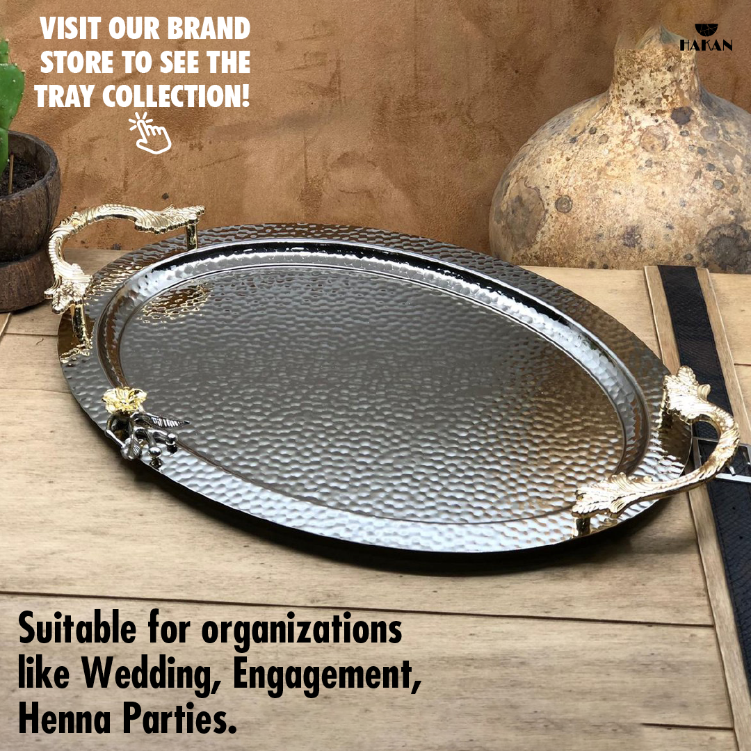 Hakan - Wholesale Serving Tray - Ornamental Anti Tarnish Big Oval Gold Serving Tray with Hand10