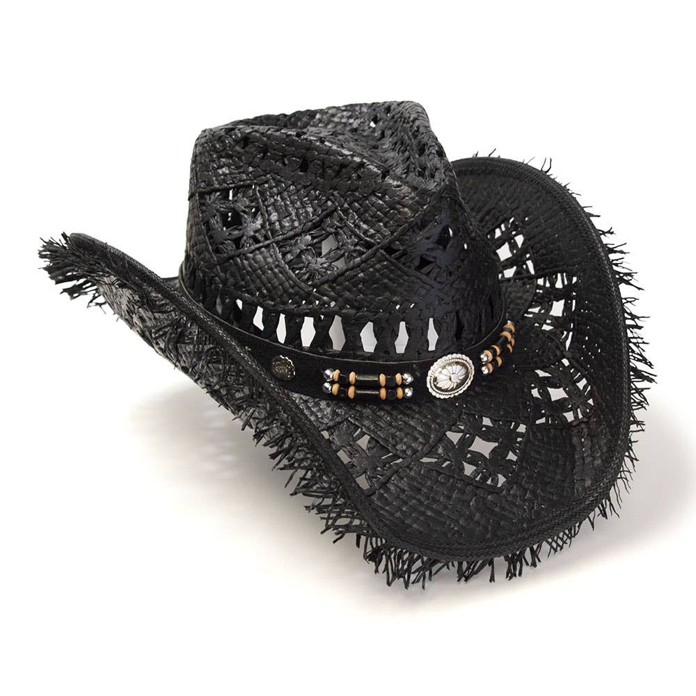 Western Express - Vendita all'ingrosso Cappello da cowboy - Donna - Cappello Western Nero in Paglia con Frangia e Fronte Pizzicata1