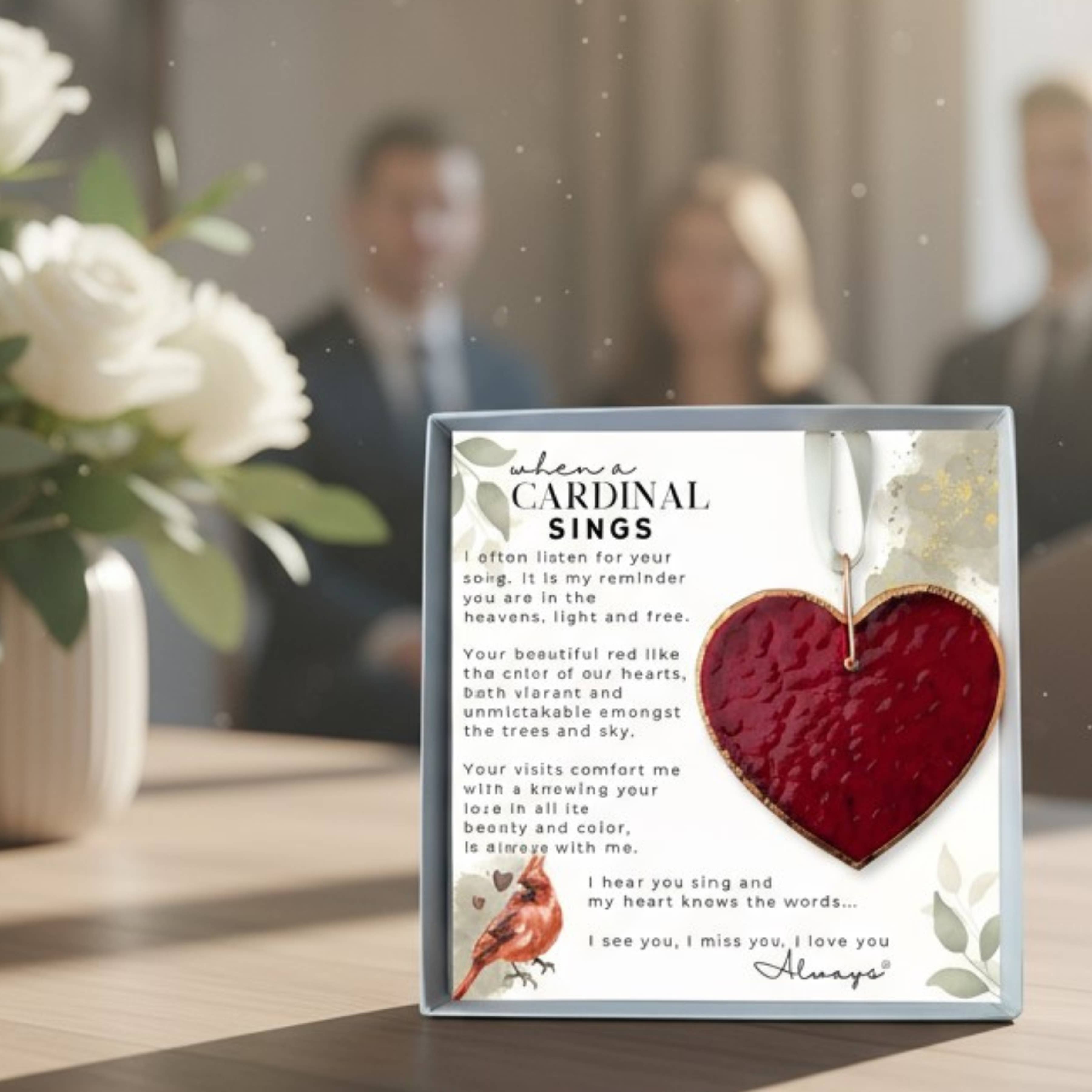 The Grandparent Gift Co. Inc. - Wholesale Ornament - When A Cardinal Sings Memorial Stained Red Glass Heart 49005