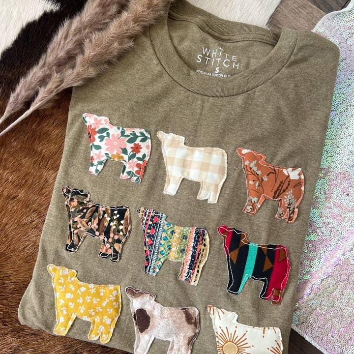 The White Stitch - Wholesale T-Shirt - Women's - Cows on Repeat | Olive0