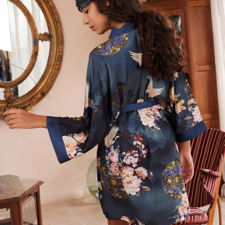 Blue Garden Crane Charmeuse Floral Asian Inspired Sleep Mask for wholesale on Faire6