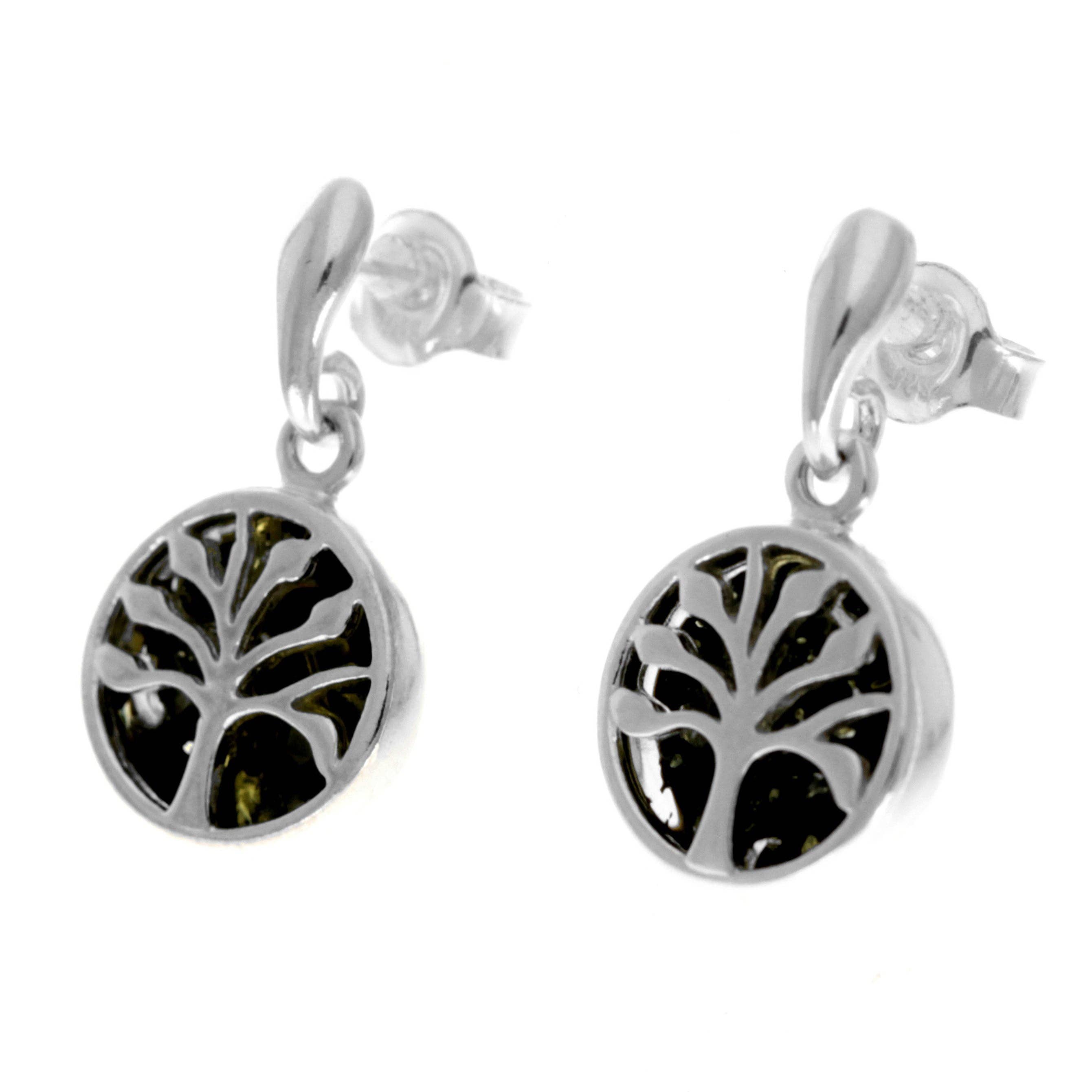 SilverAmber Jewellery – wholesale Dangle earrings – 925 Sterling Silver & Genuine Baltic Amber Tree of Life Drop Studs Earrings - GL10045