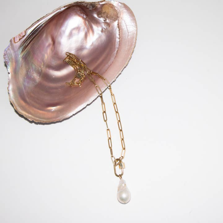 Gold filled carabiner baroque pearl necklace - white for wholesale by Maddy Starred