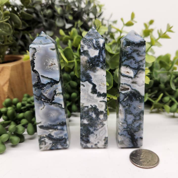 Meraki Gemstones - Wholesale Spiritual Stone/Crystal - Moss Agate 4-Sided Tower (Approx. 3.5-3.75"/8.9-9.5cm)