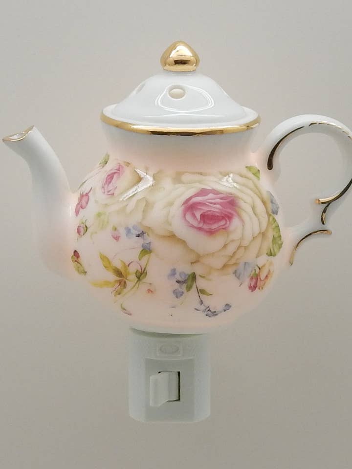 Night Light - White Roses Porcelain Teapot for wholesale by Green Pastures Wholesale
