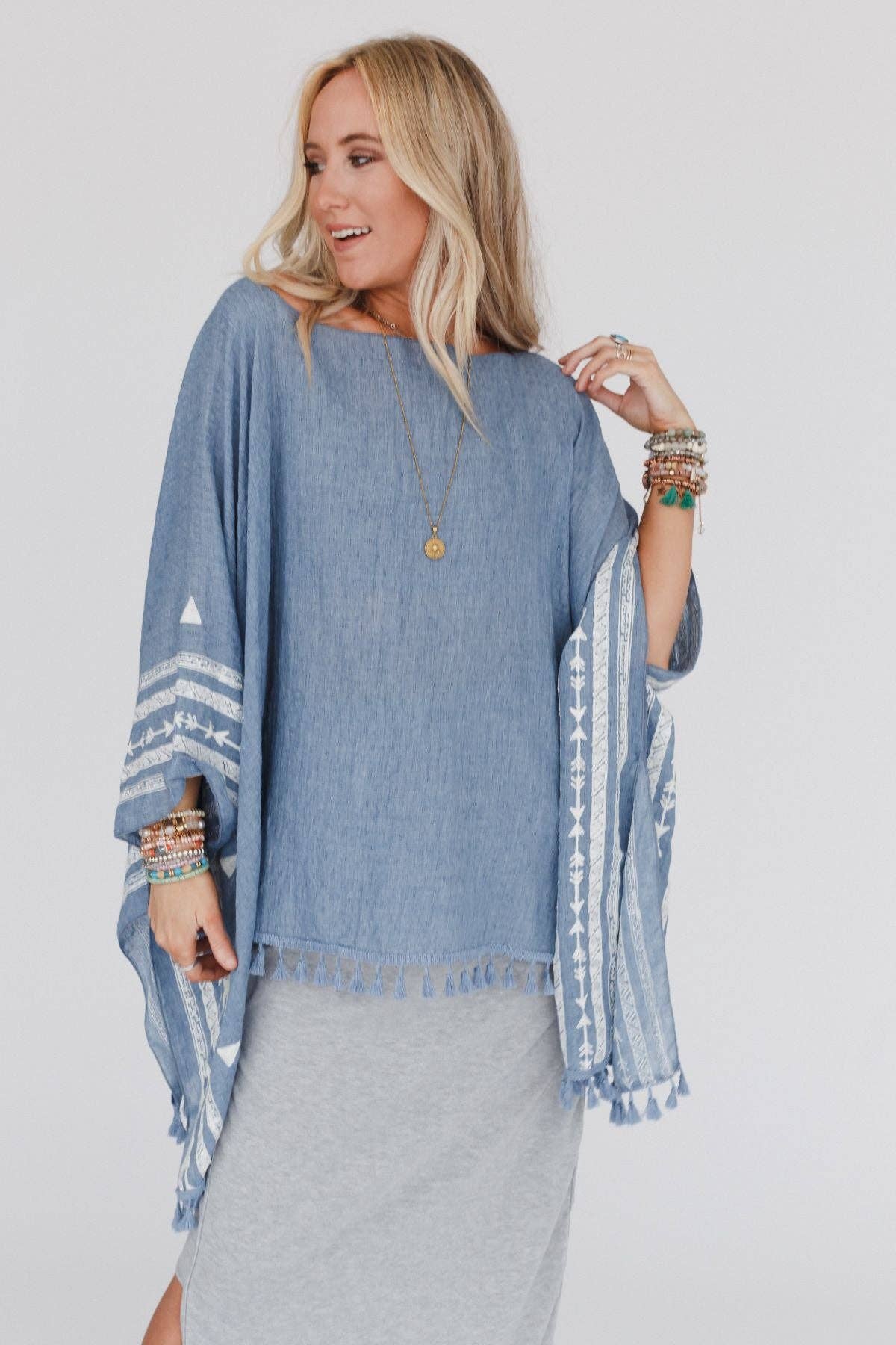 Three Bird Nest - Wholesale Poncho - Women's - Fallon Embroidered Sleeve Tassel Poncho - Blue7