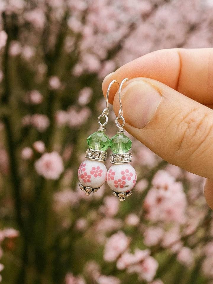 Pink Floral Bead Earrings with Green Crystal Accents for wholesale by Bad Apple Designs