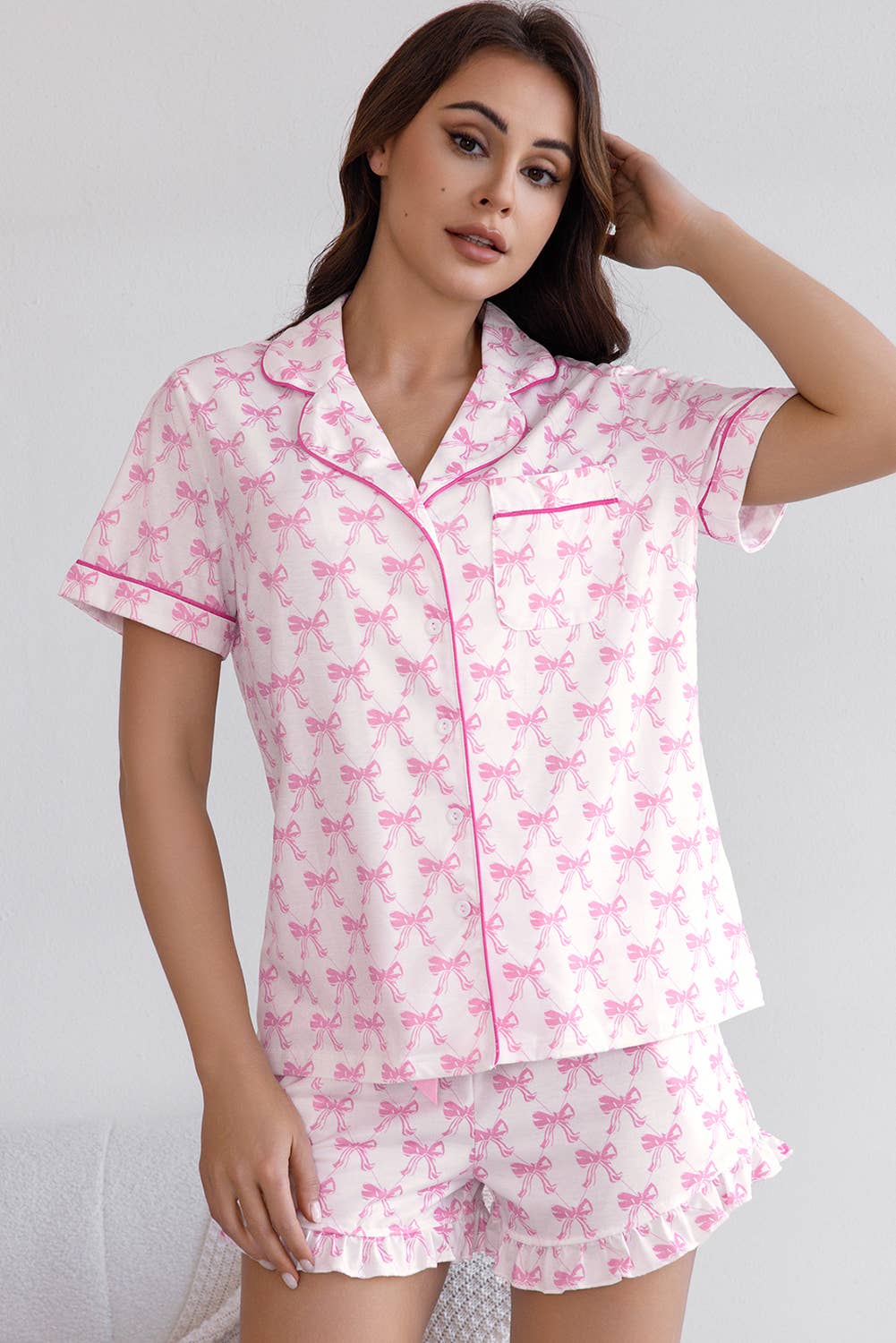 Pink Bowknot Print Short Sleeve and Shorts Pajama Set for wholesale on Faire6