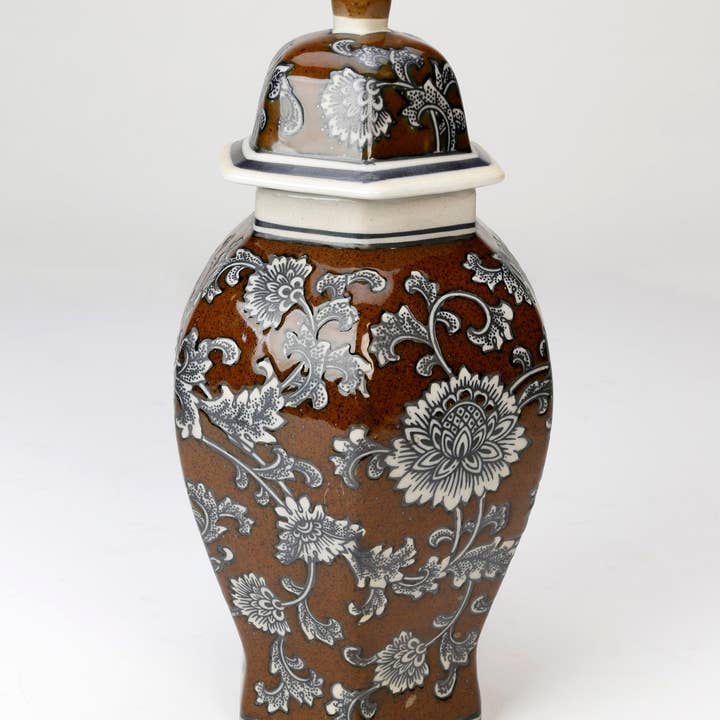 AA Importing - Wholesale Decorative Jar - 14" Brown Floral Hexagonal Ginger Jar