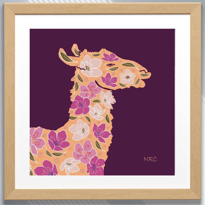 Fine Art Giclee Print - Plum Llama Floral Silhouette for wholesale by Natalie’s Art