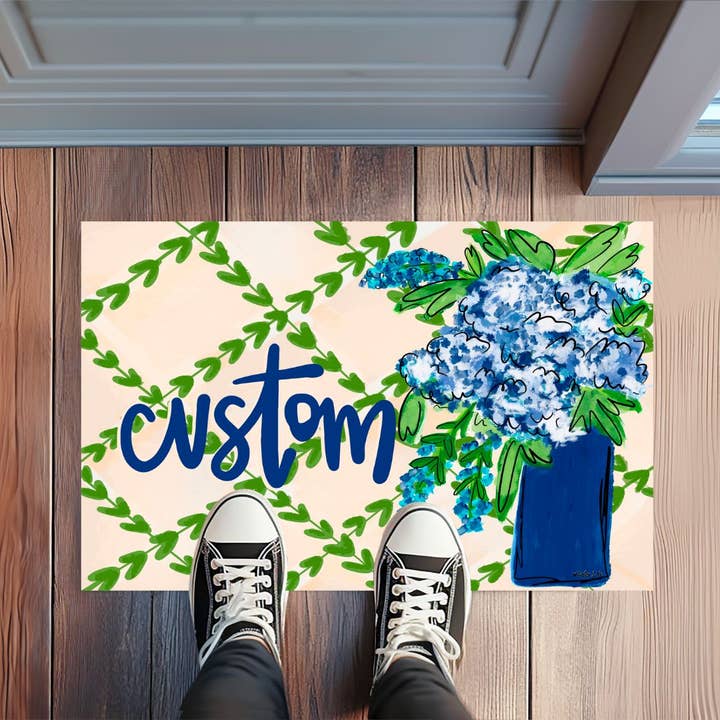Personalized Blue Floral Greenery Rug Floormat for wholesale by Baxter & Me
