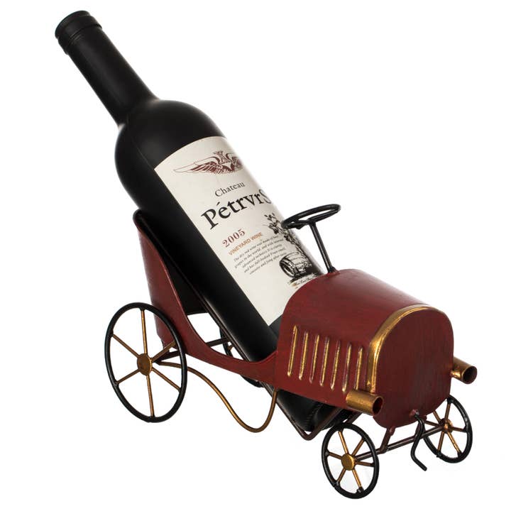 Metal Figurine Car Shaped Vintage Wine Single Bottle Holder for wholesale by Quickway Imports
