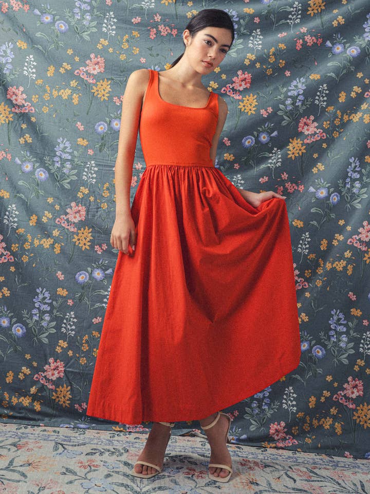 Urban Daizy - Wholesale Dress - Women's - Elegant Square Neck Cotton Blend Gathered Waist Midi Dress