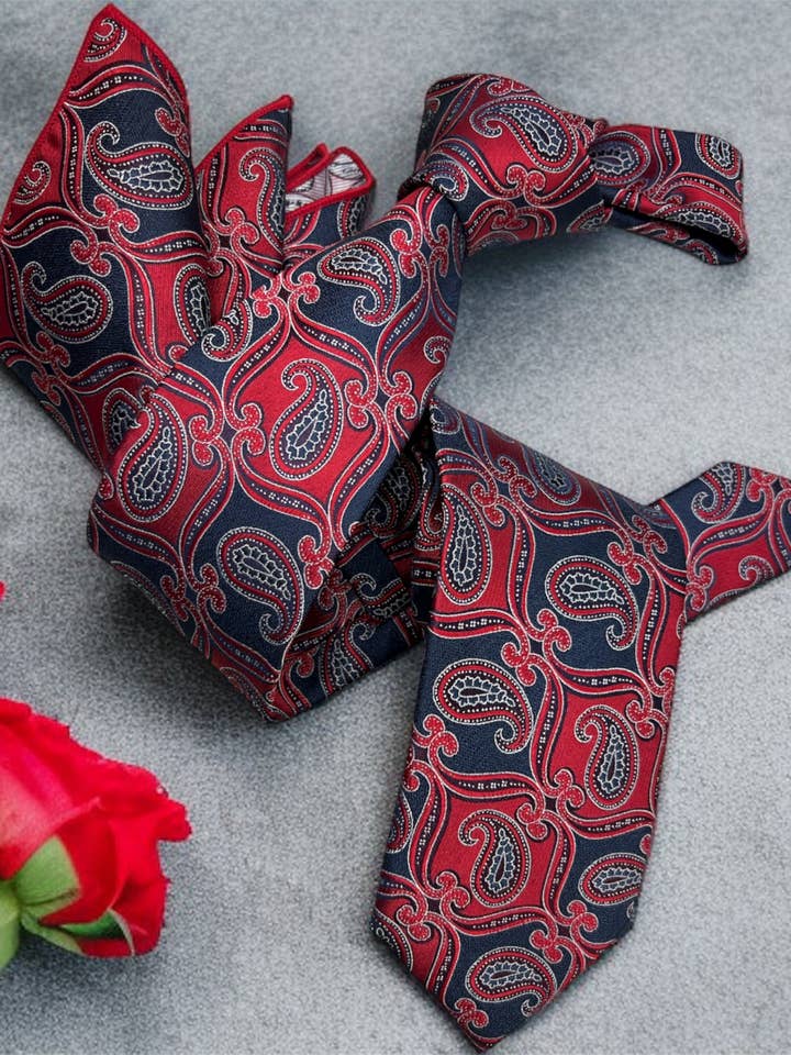 DMITRY Men's Red Patterned Italian Silk Tie & Pocket Square Set - Limited Edition for wholesale by DMITRY Ties