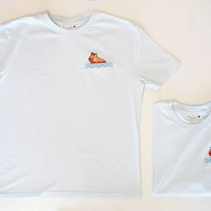 Jessthechen - Wholesale T-Shirt - Unisex - Bathing Capybara Embroidered Pocket Tee | Sky Blue4