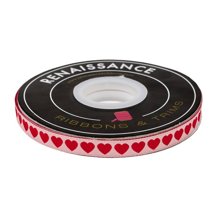 Funny Valentine - Tiny Hearts in Peach and Red - 3/8" width - by Lizzy House - 15 Yard Spool for wholesale by Renaissance Ribbons