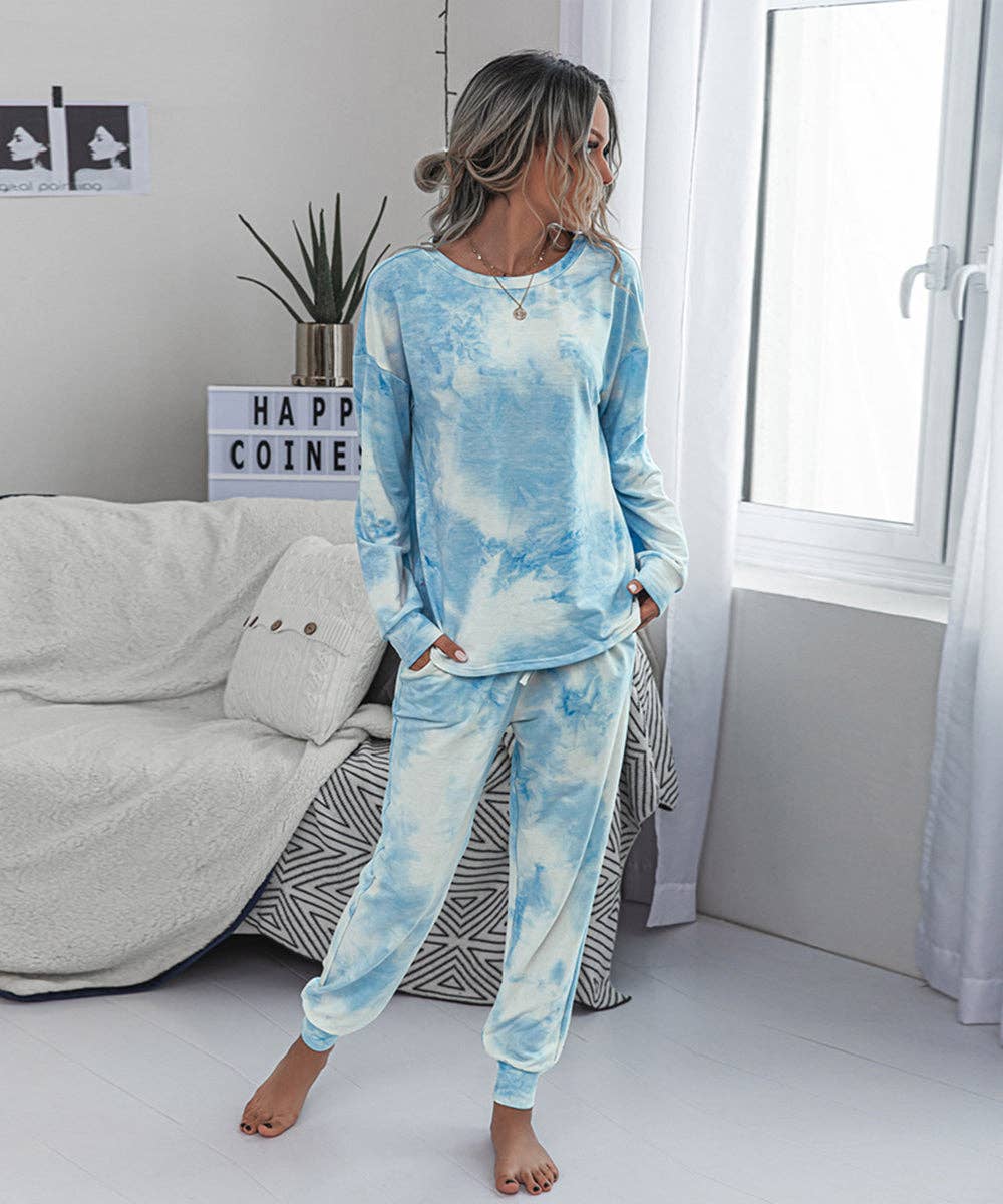 Blue Tie-Dye Long Sleeve Lounge Set for wholesale on Faire3