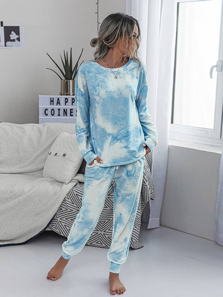 Blue Tie-Dye Long Sleeve Lounge Set for wholesale on Faire3