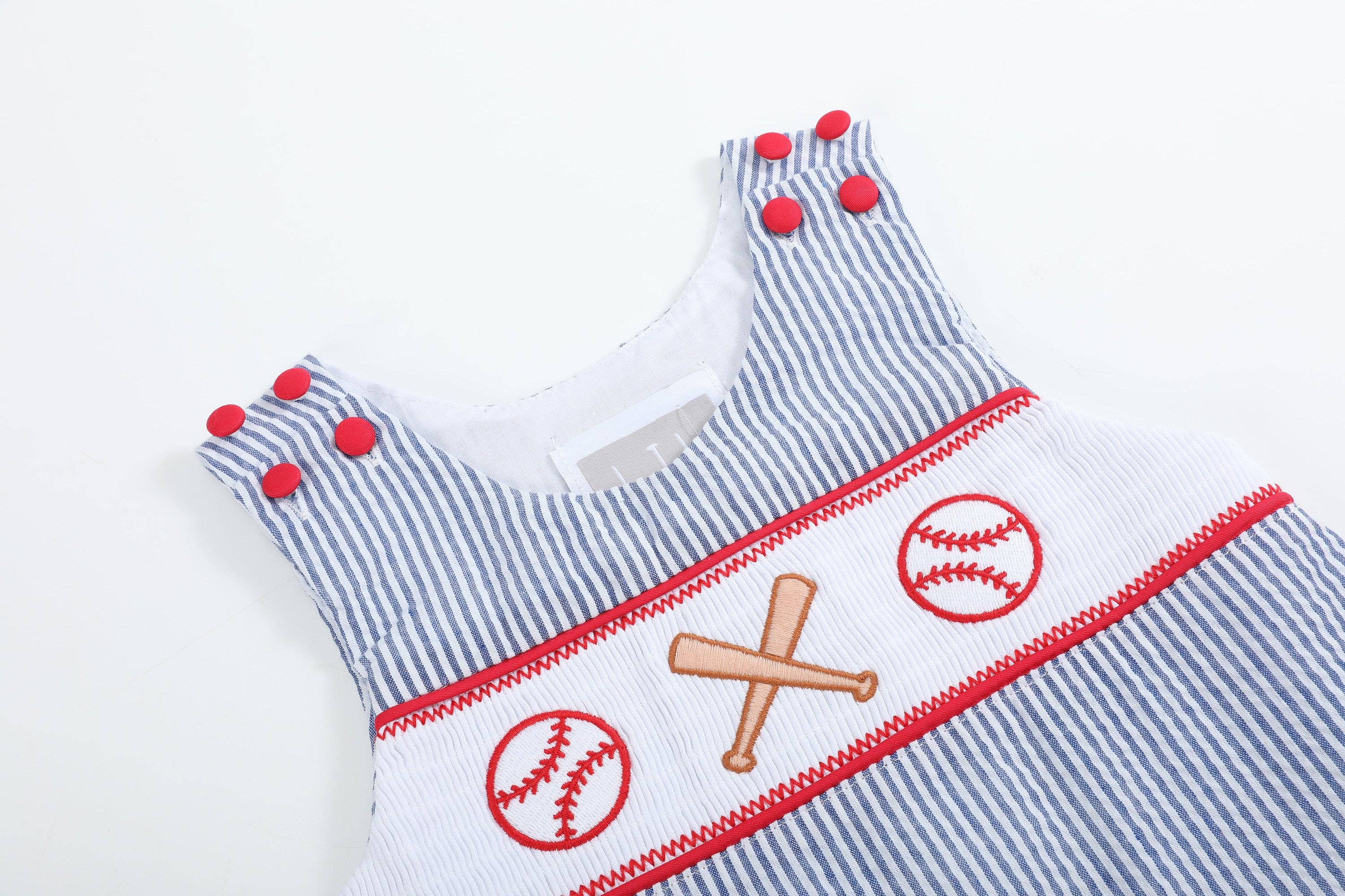 Lil Cactus - Wholesale Overalls - Baby - Blue Seersucker Baseball Smocked Shortalls4