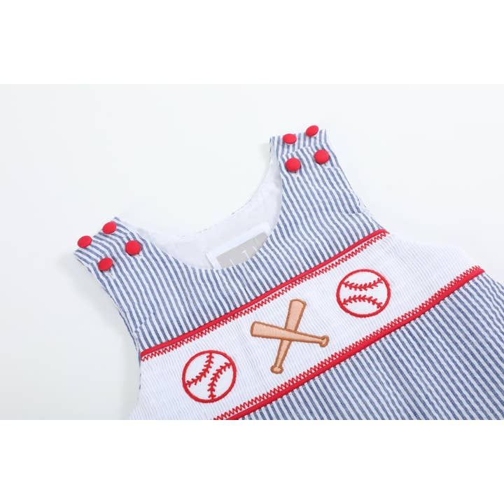 Lil Cactus - Wholesale Overalls - Baby - Blue Seersucker Baseball Smocked Shortalls4