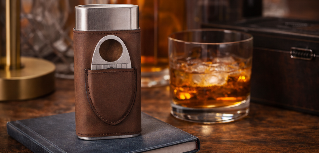 BeyBerk International – Großhandel Humidor/Zigarrenzubehör – Braune Leder-Zigarrenetui für 3 Zigarren mit Zigarrenschneider, Modell C255N4