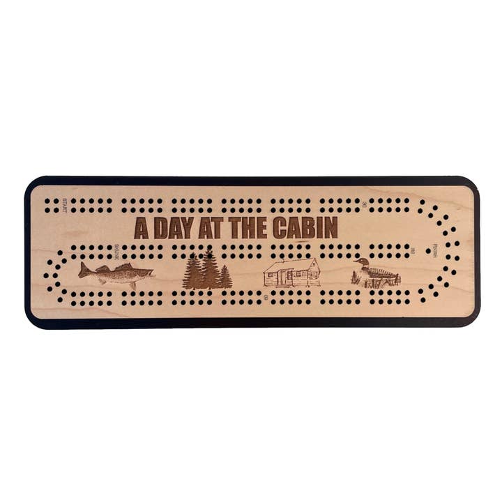 A Day at the Cabin Travel 2 Track Cribbage Board for wholesale by D&D Custom Laser Designs