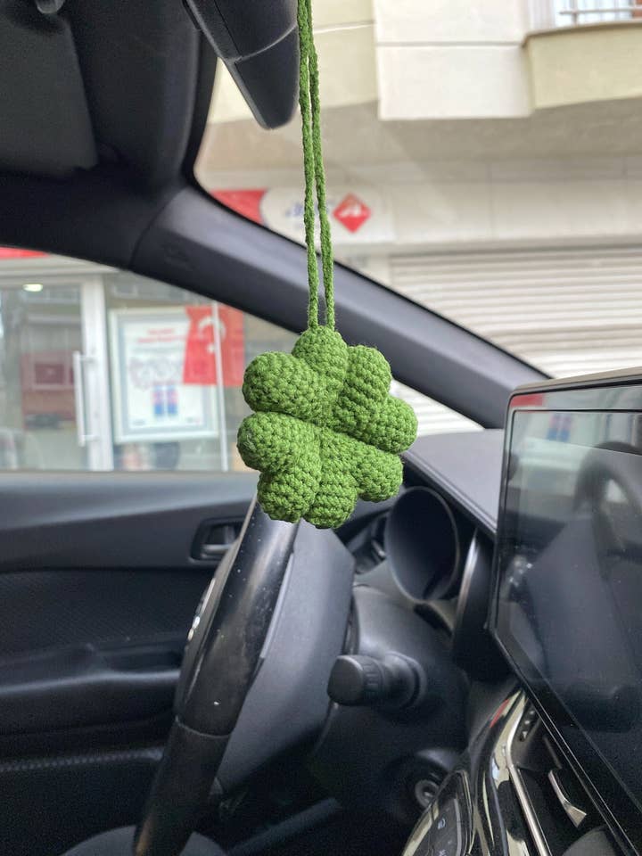 Handmade Crochet Clover Car Mirror Charm Amigurumi for wholesale by Honey Art and Nature