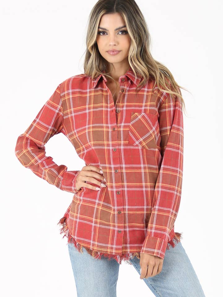 ANGIE – Engroshandel Skjorte med buttondown – til kvinder – B2U78-RS34 PLAID KNAP FORAN SKJORTE MED FLOSSEDE HEM
