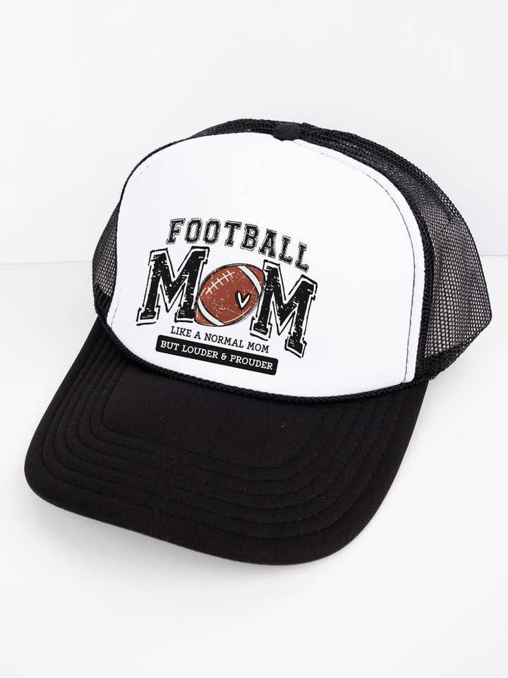 Louder And Prouder Football Mom Otto Black with White Foam Front Trucker Hat for wholesale by Wholesale Accessory Market