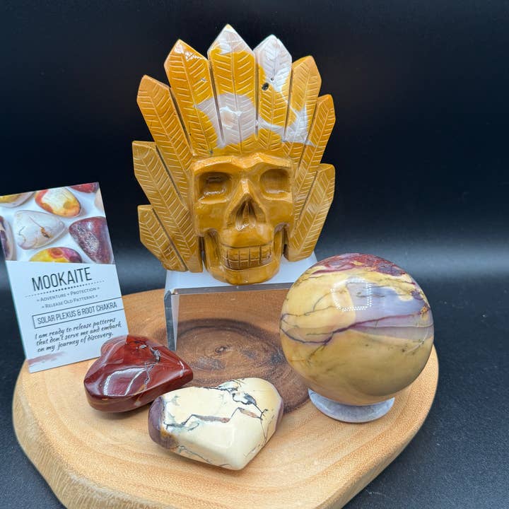 4 pc Mookaite skull sphere & heart G990 info card for wholesale by The 7 Directions